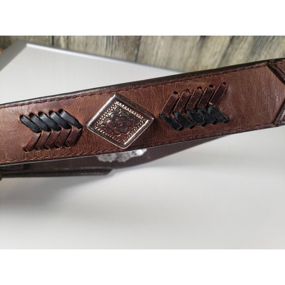 Nocona Western Genuine Leather Brown Belt Silver Buckle Embellishments Sz 28 - Picture 6 of 8